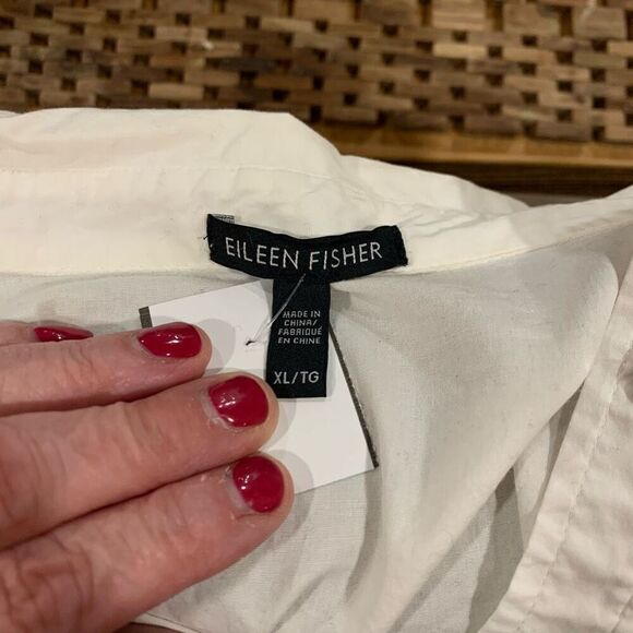 Eileen Fisher Buttoned Blouse White Organic Cotton/Spandex Roll Tab Sleeve Wm XL - Picture 2 of 6